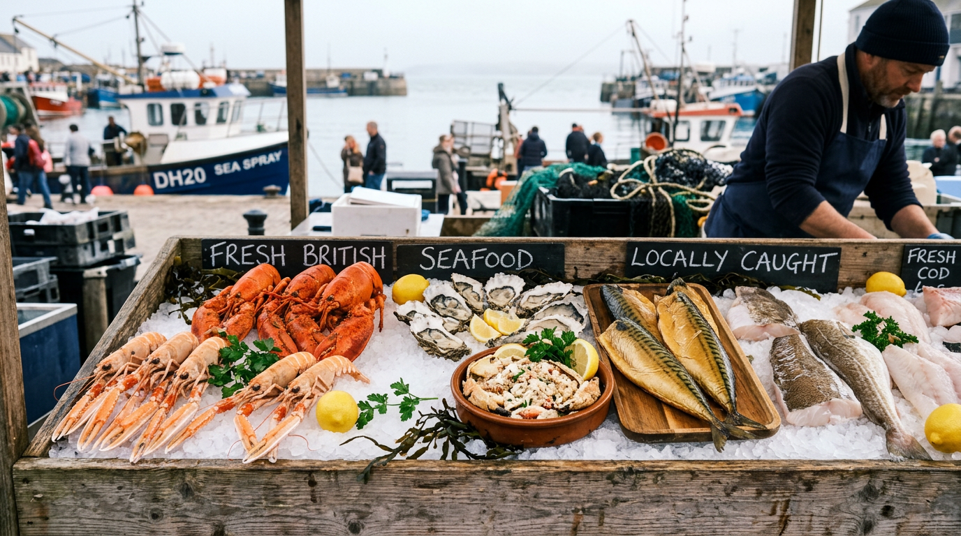 Fresh British seafood at a coastal market